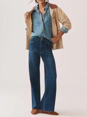 PAIGE Anessa 31" High Rise Wide Leg Utility Pockets + Raw Hem Jeans Size 26 NWT
